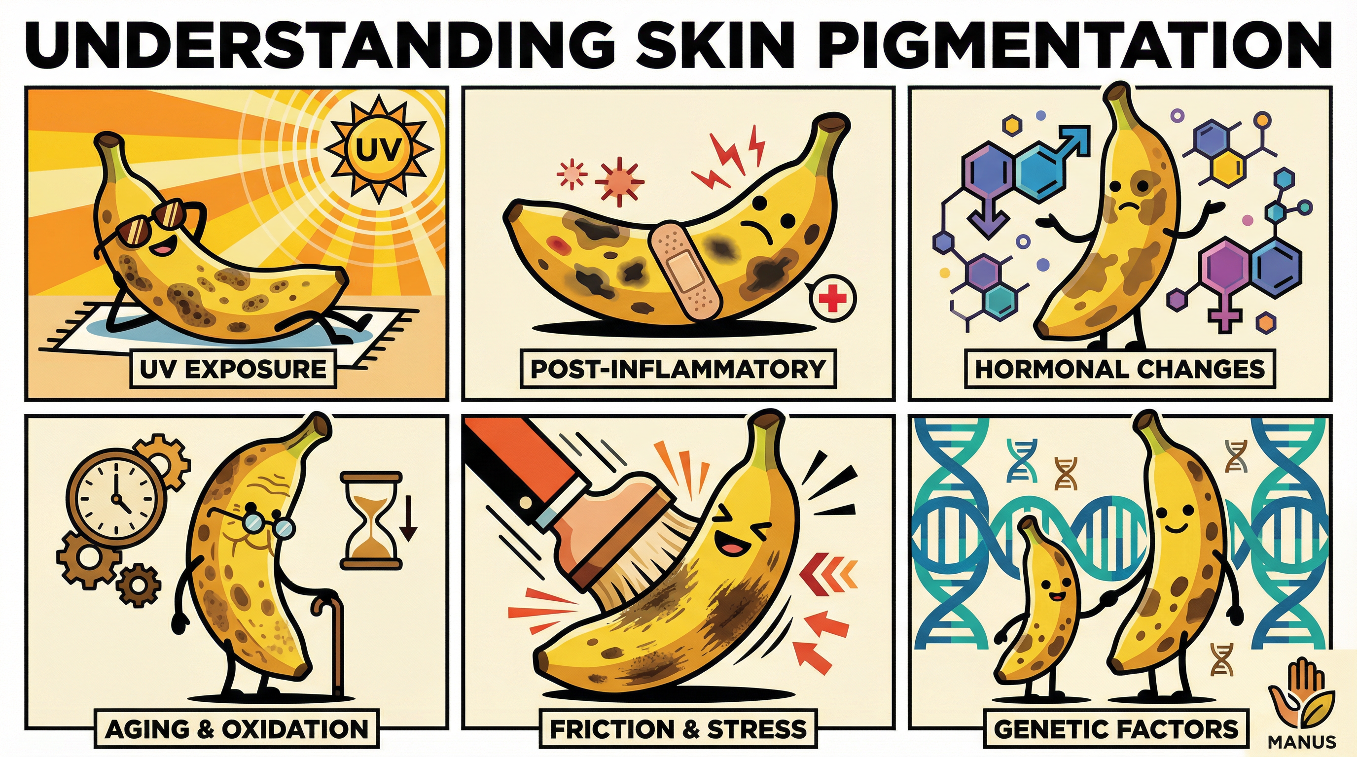 Understanding Skin Pigmentation - Multi-panel comic illustrating six causes of dark skin pigments